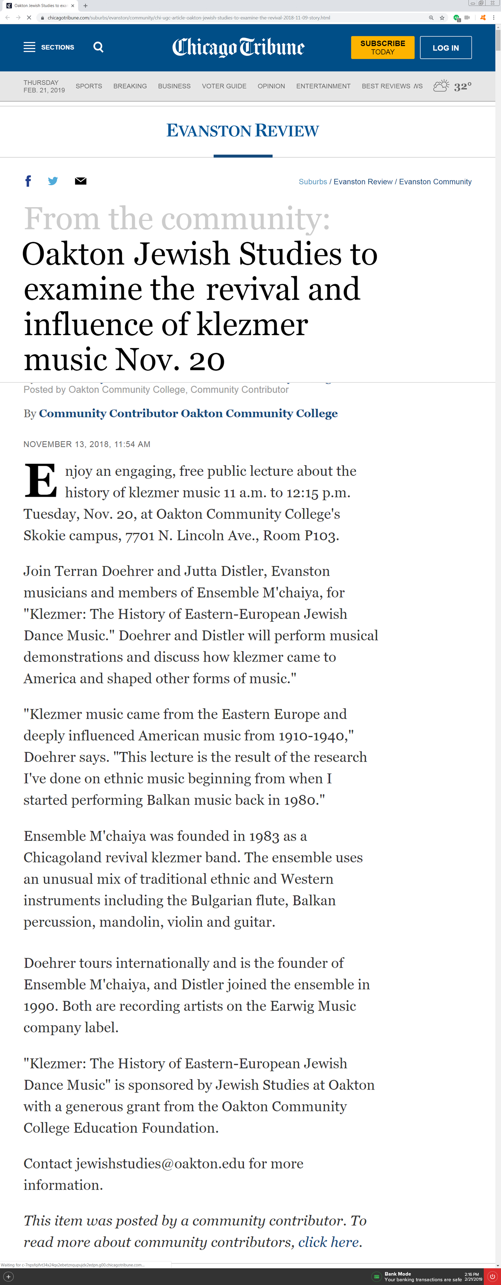 Article in the Chicago Tribune — Evanston Review From The Community’s announcing the Ensemble M’chaiya (tm)’s lecture about Klezmer at Oakton Community College.