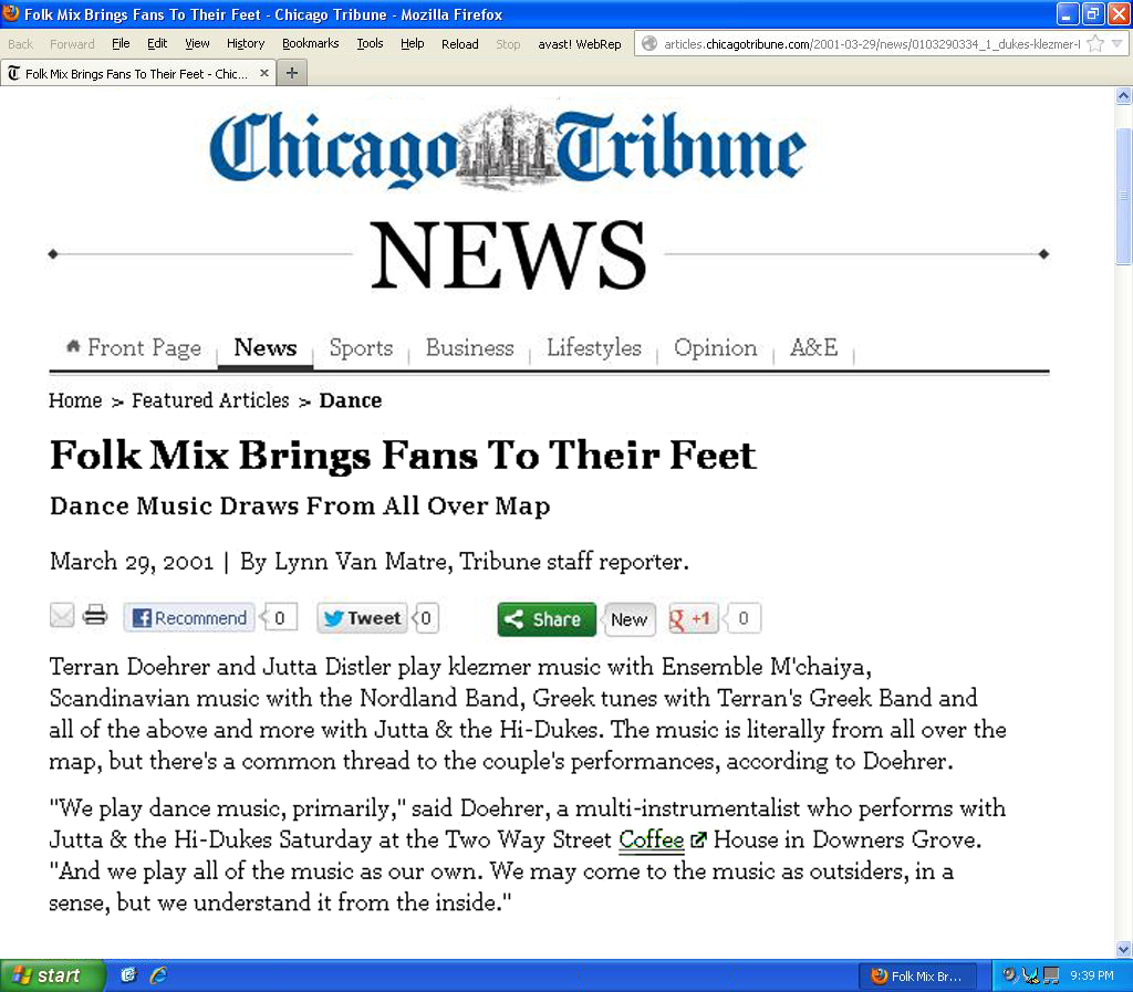 Image of the article in the Chicago Tribune March 29, 2001 web page about Jutta & the Hi-Dukes (tm)