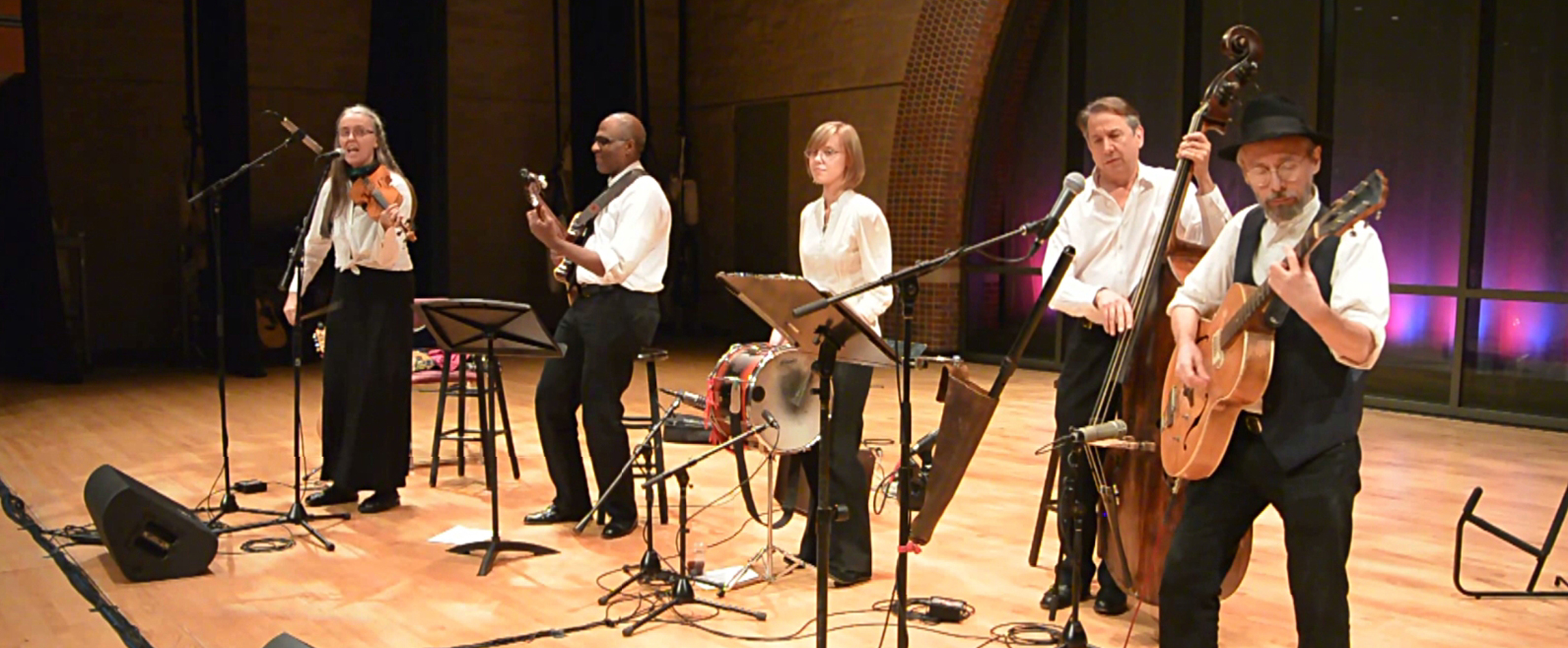 Jutta & the Hi-Dukes (tm) performing as a quintet on stage at the University of Missouri, St. Louis.