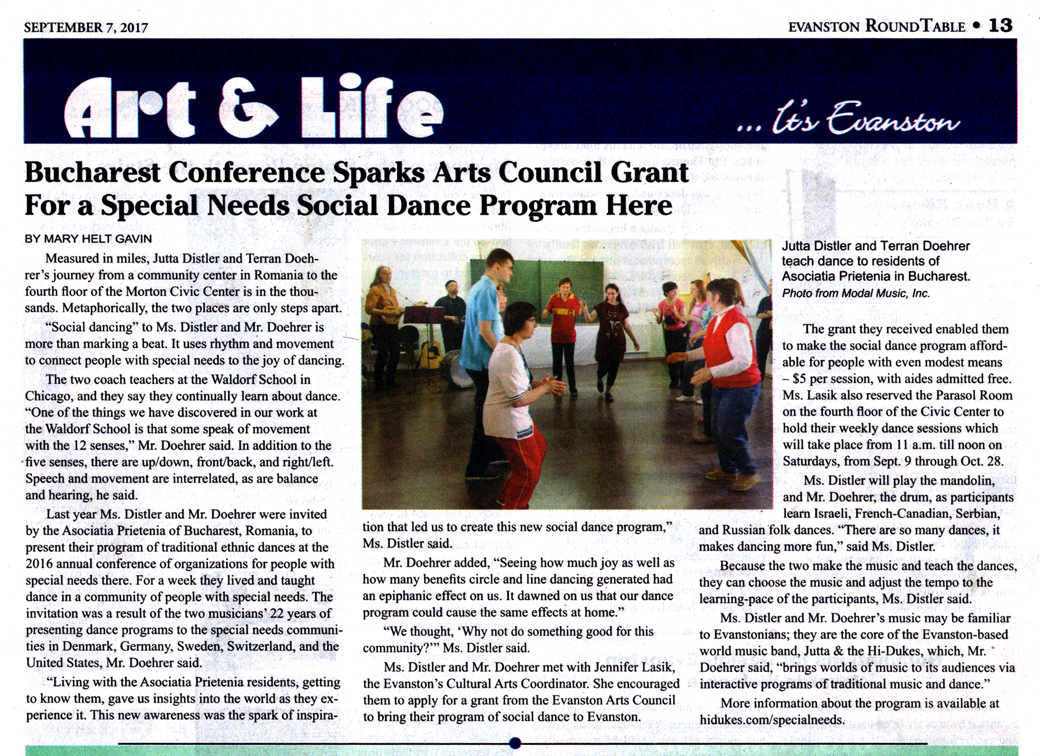 Evanston Round Table article about the Jutta & the Hi-Dukes Special Needs Social Dance program inspired by their work in Romania.