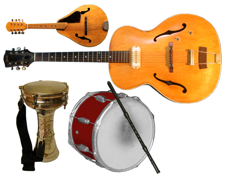 Still life of instruments played by the Ensemble M’chaiya: Mandolin, Guitar, Darabuka, Tupan, Kaval.