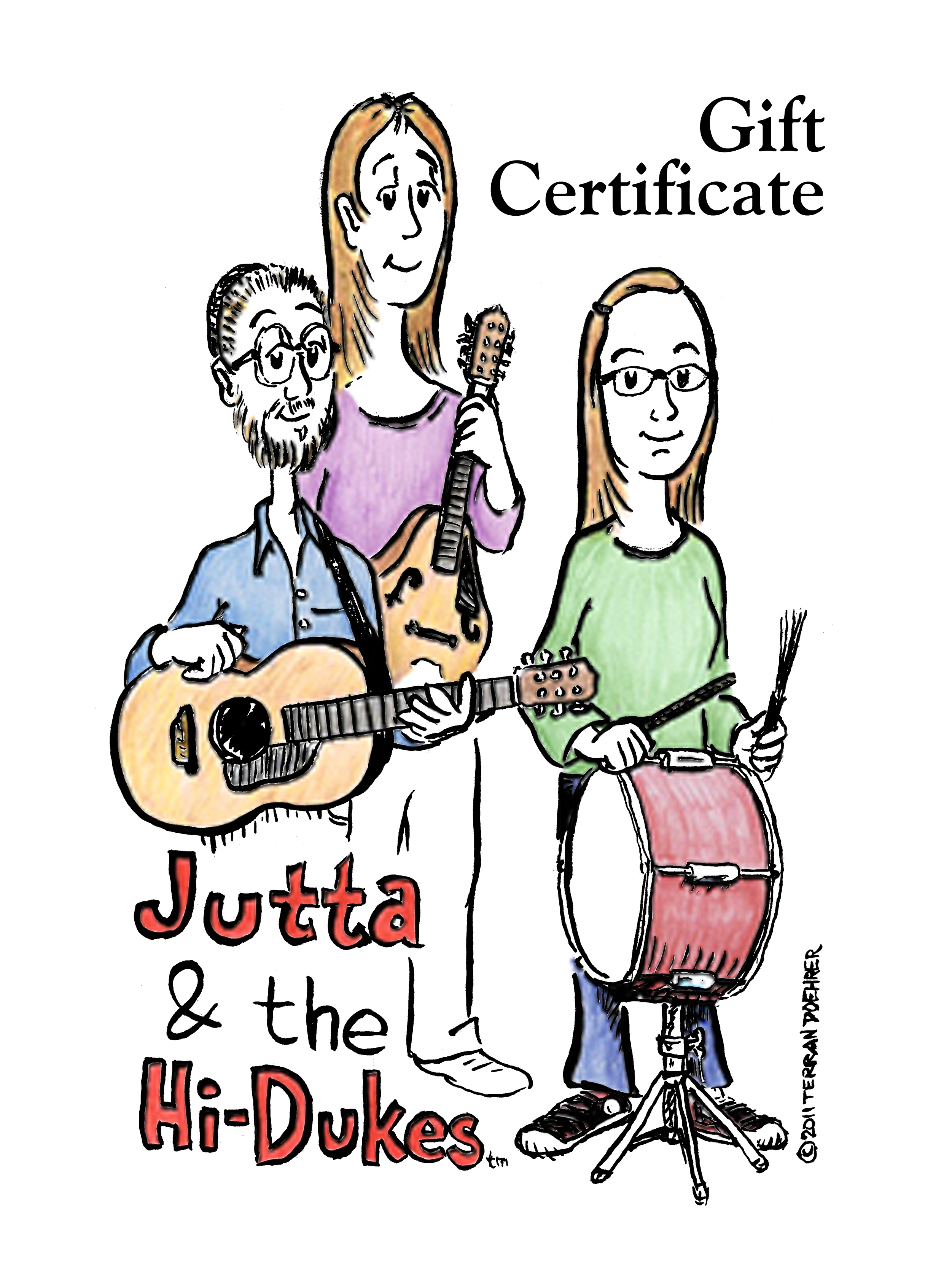 Front side of a Hi-Dukes Gift Certificate with a cartoon drawing of the band as a trio.
