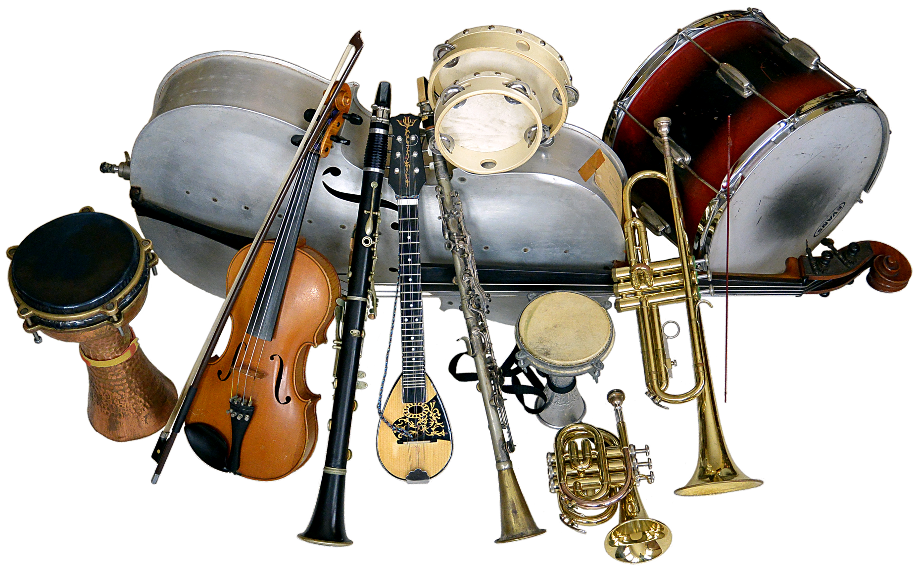 Photo of ethnic instruments including baglama, darabukas, kaval, metal Albert-system and wood Boehm-system clarinets, tambourines, tupan, trumpets, cello, and violin