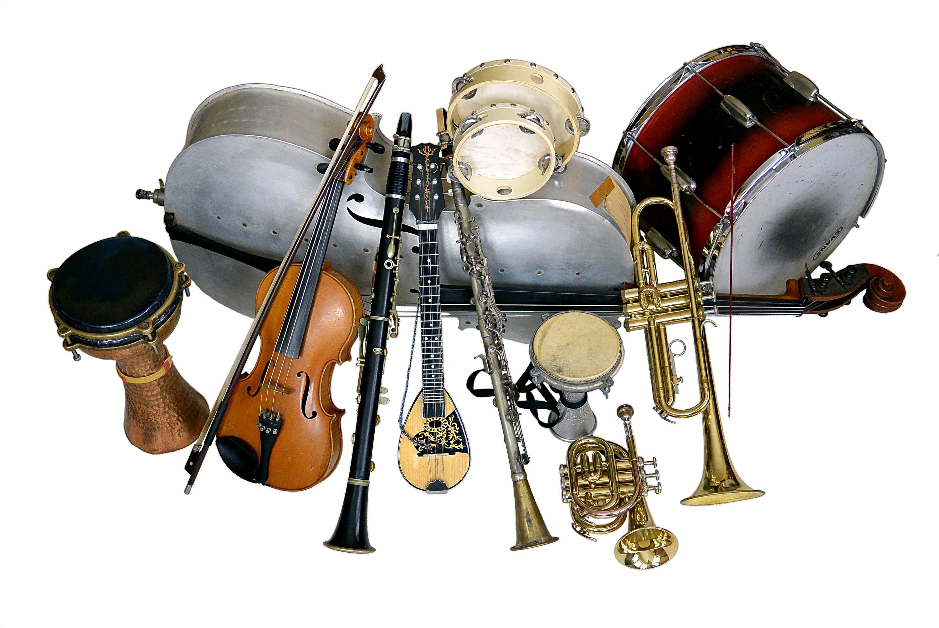 Photo of ethnic instruments including baglama, darabukas, kaval, Albert-system clarinets, tambourines, tupan, trumpets, cello, and violin